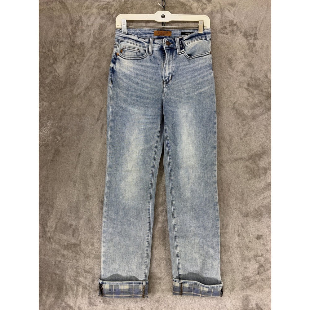 Judy Blue Jeans Womens 3/26 Straight Light Wash Plaid Cuff JB88747 MD EUC